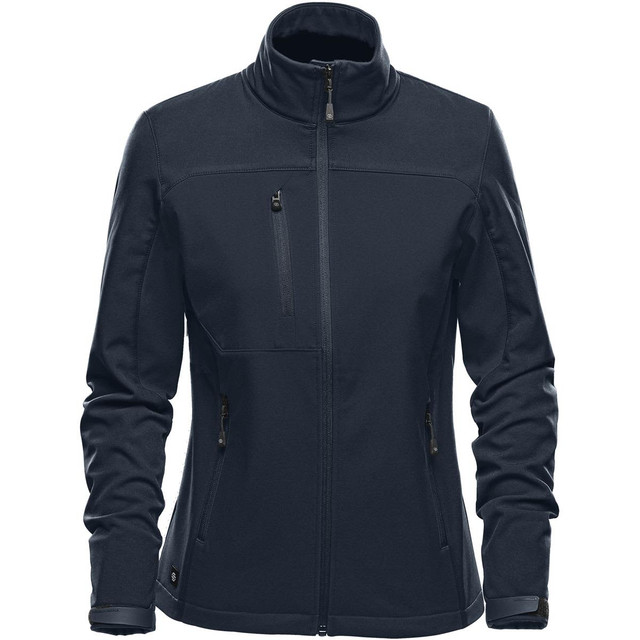 A women's softshell jacket in navy blue featuring a stand collar and multiple zippered pockets. It has a logo on it.