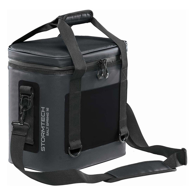 A cooler bag in dark grey with a padded handle and shoulder strap, featuring a logo.