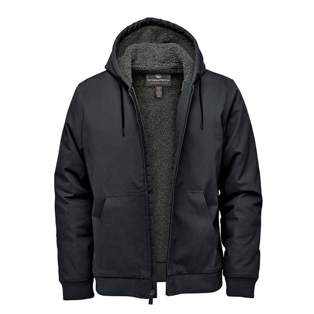 A black hooded jumper featuring a plush lining and front pockets, complete with a logo on the chest.