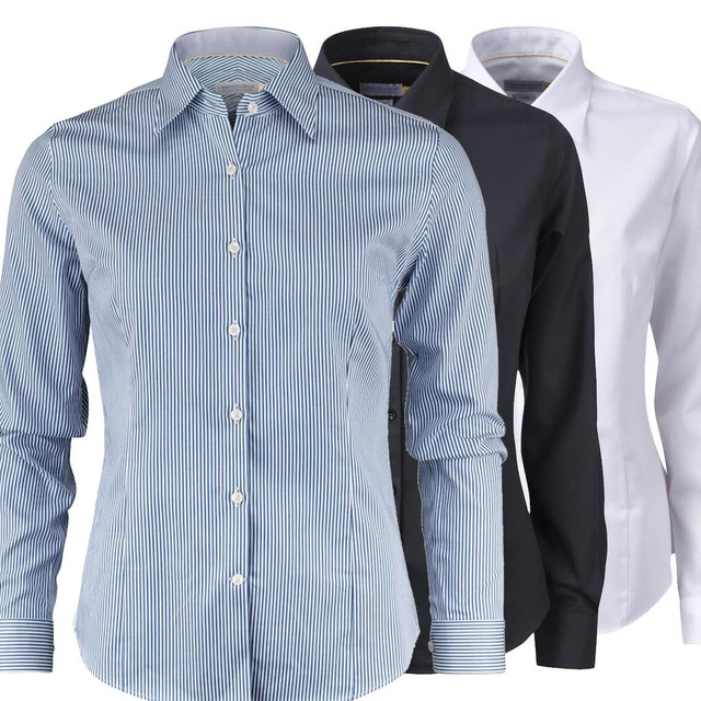 Three button-up shirts in blue and white stripes, black, and white, featuring a logo on the front.