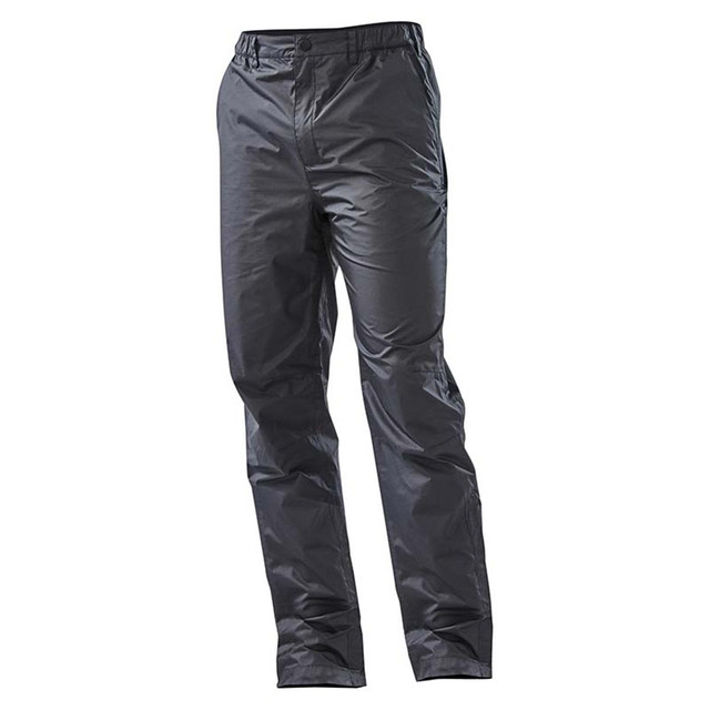 Men's Olympia Rain Pant in black, featuring a smooth texture and an elastic waist. Includes a logo on the design.