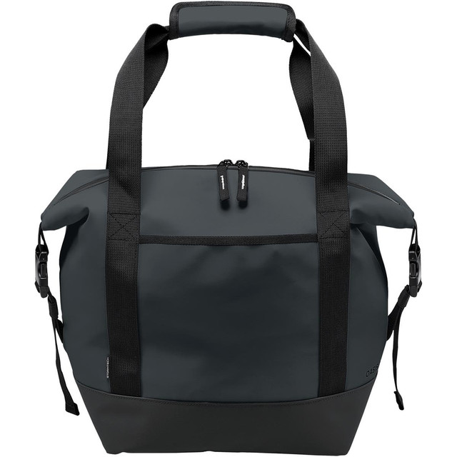 A dark green cooler bag with black handles and a zippered top, featuring a front pocket and a logo.