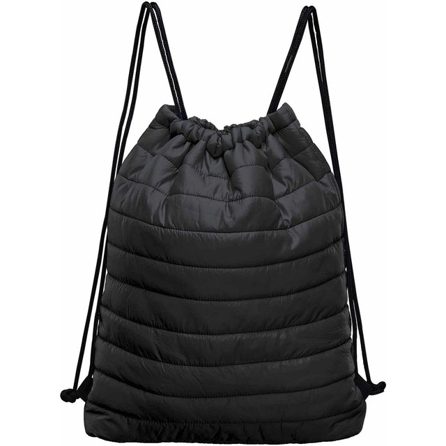 A black drawstring bag with a quilted design and adjustable straps. It features a logo on the front.