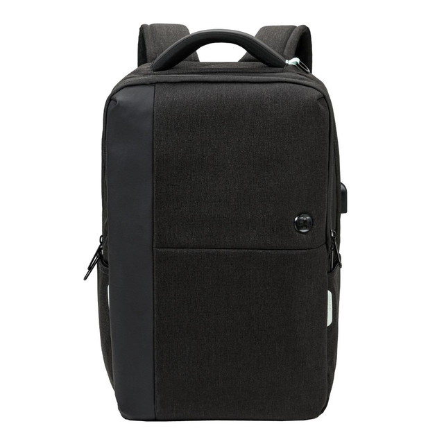A black backpack with a sleek design, featuring a front pocket and a handle on top. It has a branding logo.