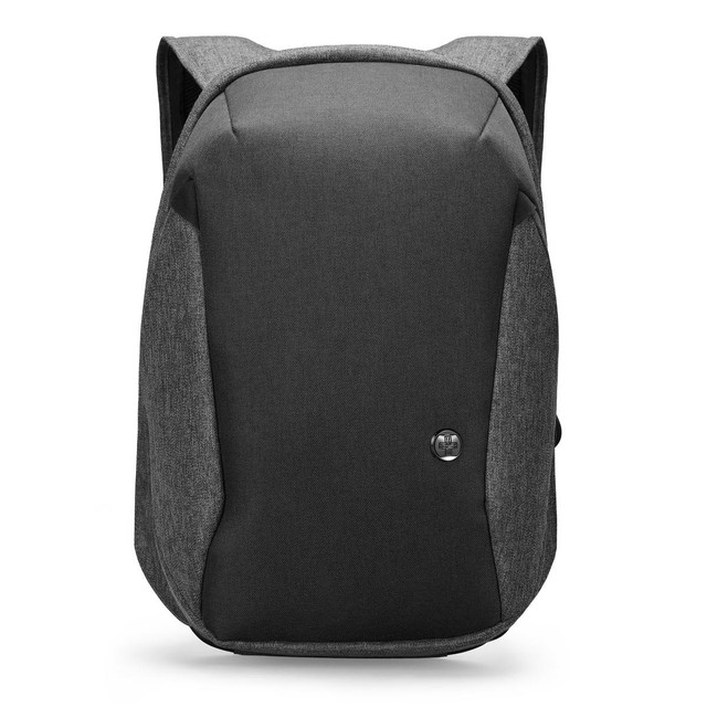 A sleek grey backpack with a minimalistic design and a logo on the front. Suitable for everyday use.