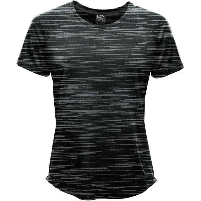 A women's T-shirt in dark green with a textured pattern, featuring a logo at the neckline.