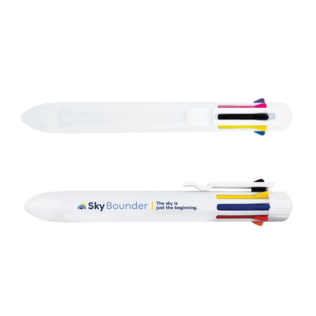 A white pen featuring multiple coloured grips and a logo. It has a retractable tip and a clip for attachment.