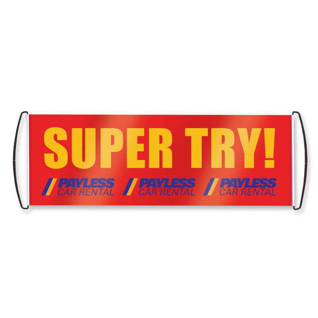 A red fan banner with yellow text reading "SUPER TRY!" and branding from Payless Car Rental.