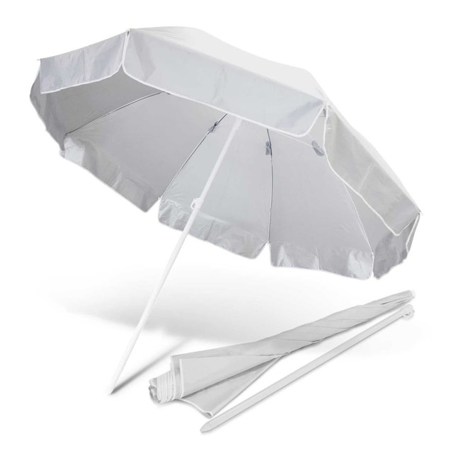 A Bahama Beach Umbrella in grey, featuring a white pole and a folding design for easy transport.