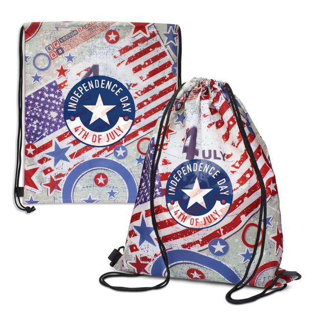 A drawstring backpack featuring a patriotic design in red, white, and blue with a logo and stars.