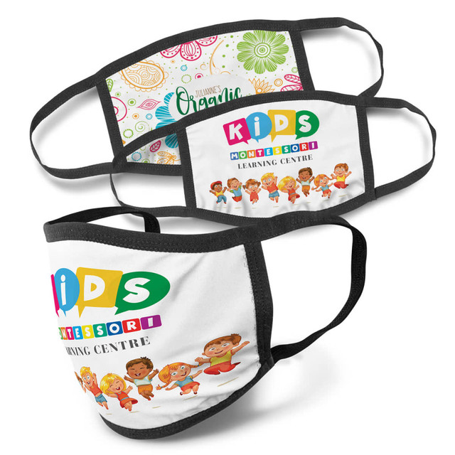 A set of three reusable face masks featuring colourful designs and elastic straps. Each mask has a logo.