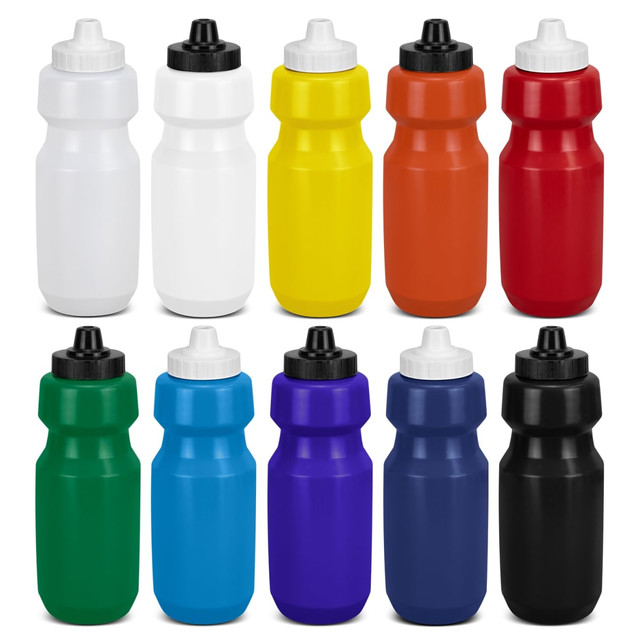 A drink bottle set featuring twelve bottles in white, yellow, orange, green, blue, purple, and black, each with a black cap.