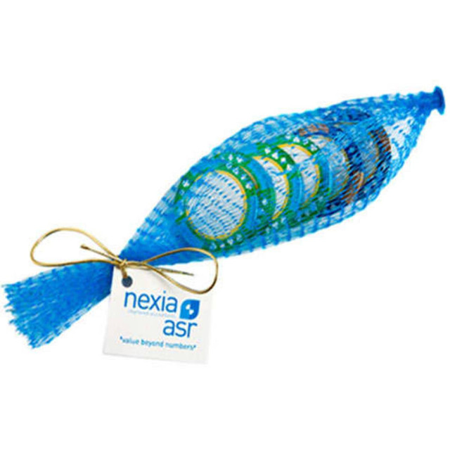 A blue mesh bag containing chocolate poker chips, tied with a string and featuring a tag.