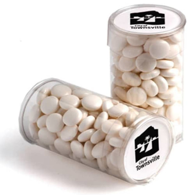 A transparent container filled with white mints, featuring a logo on the front.