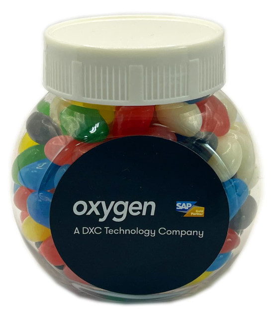 A plastic jar filled with colourful mini jelly beans, featuring a white lid and a logo on the front.