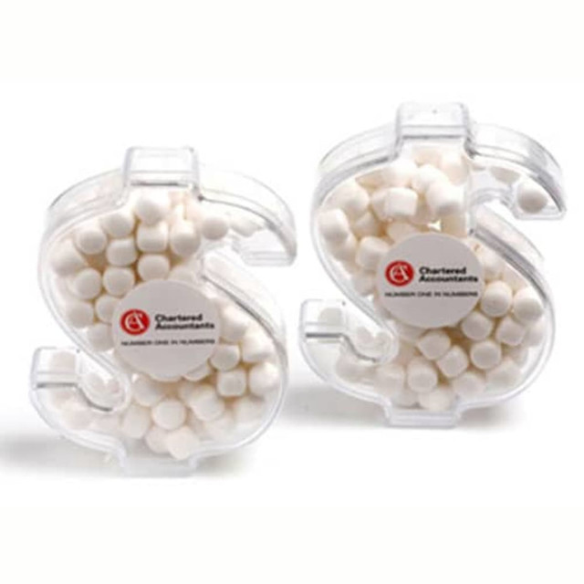 Acrylic dollar-shaped container filled with white mints, featuring a logo on the front.