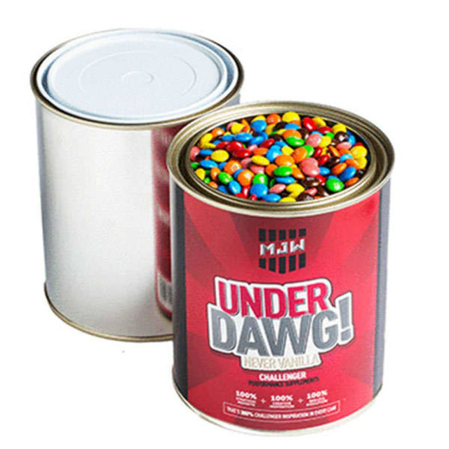 A paint tin filled with vibrant M&Ms in various colours, featuring a lid and branding on the front.