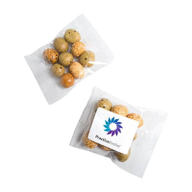 A pack of peanut crackers in various colours, featuring a mix of light and dark shades, with a logo on the packaging.
