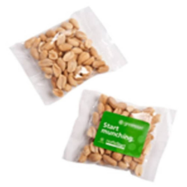 A package of salted peanuts, primarily beige in colour, displayed in clear plastic wrapping with a green label.