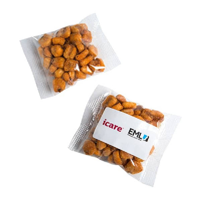 A pack of Chilli Toasted Corn featuring golden-brown, crunchy corn snacks in a clear wrapper with a logo.