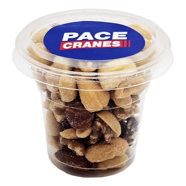 A tub filled with mixed nuts including almonds, peanuts, and walnuts, in a clear plastic container.