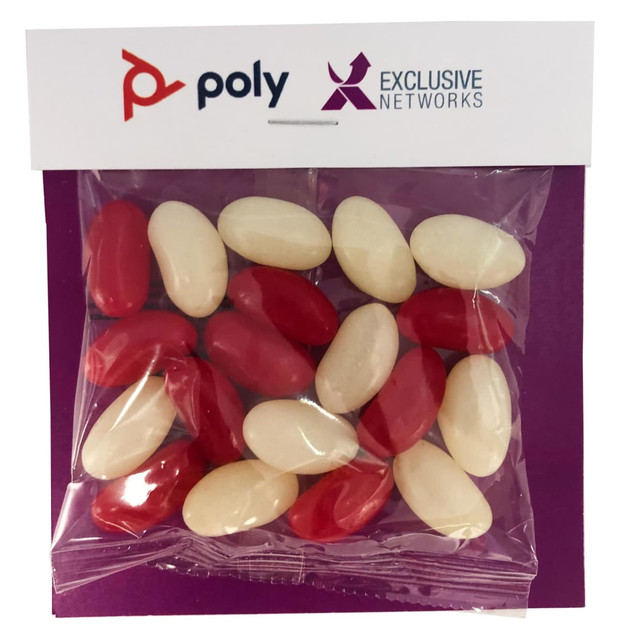 A bag containing red and white jelly beans, sealed in a transparent packaging with a logo.