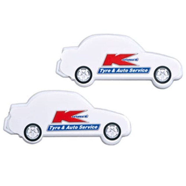 A car-shaped mint card in white, featuring a logo and wheels design. Two pieces are displayed together.