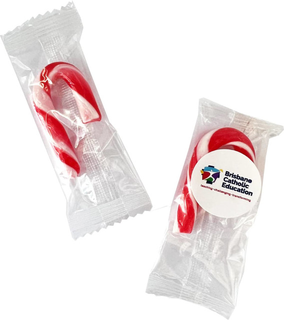 A pack containing red and white 5cm candy canes, wrapped individually with a logo.