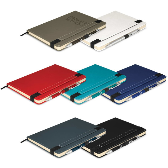 A collection of notebooks in various colours, each with a pen and an elastic band closure, featuring a logo.