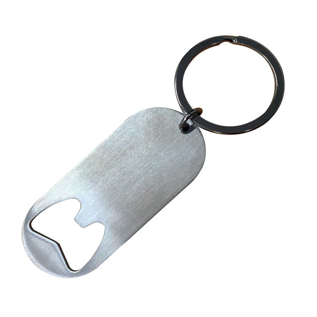 A drink bottle opener keyring made of silver metal, featuring a simple design and a circular keyring attachment.