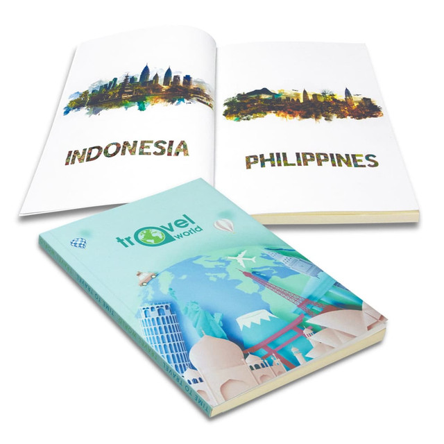 A notebook featuring a blue cover with illustrations of global landmarks and pages showcasing Indonesia and the Philippines.