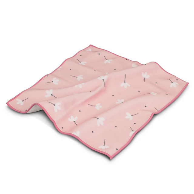 A medium-sized pink blanket featuring a floral pattern with white flowers and black dots, edged in a contrasting colour.