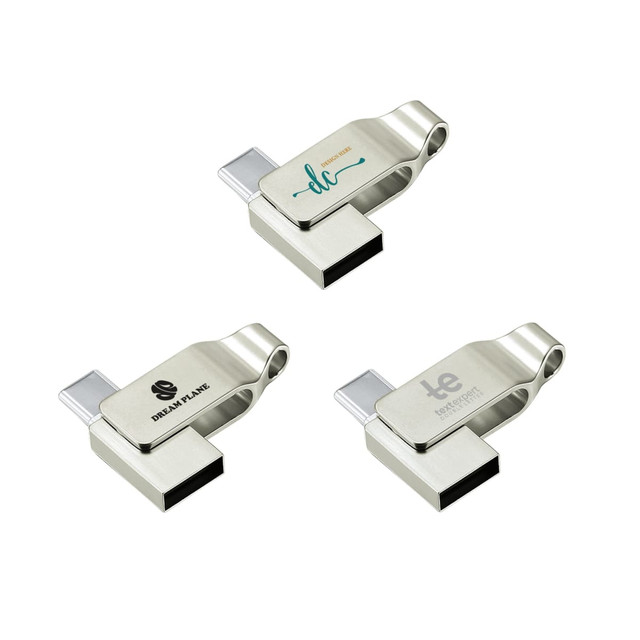 A silver Pivot Duo Type-C flash drive with multiple designs and a logo on each.
