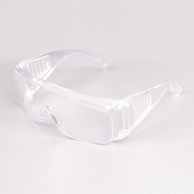 Clear anti-fog safety protective goggles with a sleek design, featuring a logo on the side.