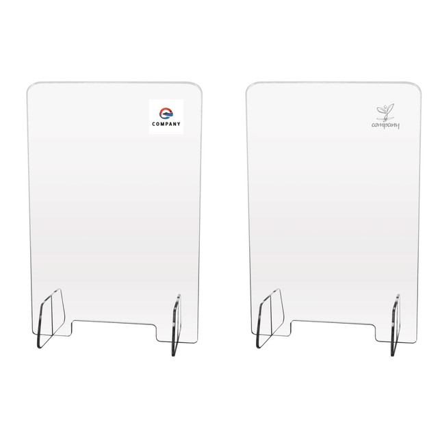 A personal protection screen with a clear acrylic panel and metal stand, featuring branding space on one side.