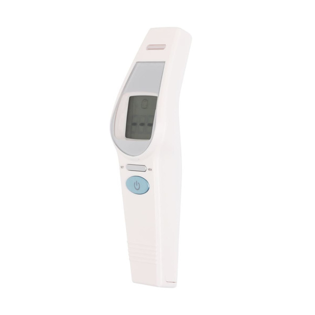 A white touchless digital infrared forehead thermometer with a display and buttons.