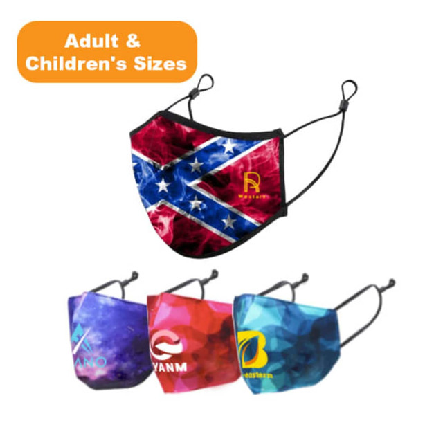 Three reusable face masks in various colours, featuring a logo on each and adjustable ear loops for different sizes.