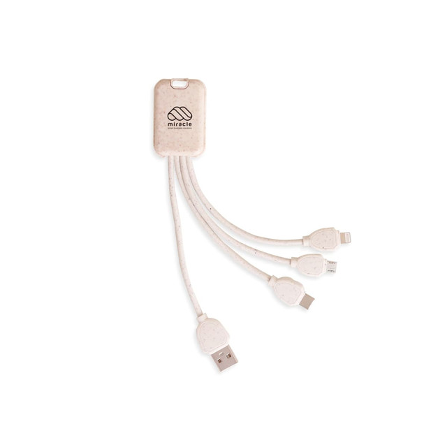 A square-shaped charging cable in a light beige colour with three connectors and a logo.