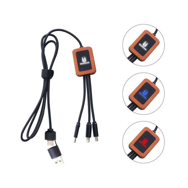 A long light-up charging cable in black and wood finish with multiple charging tips and a logo on the connector.