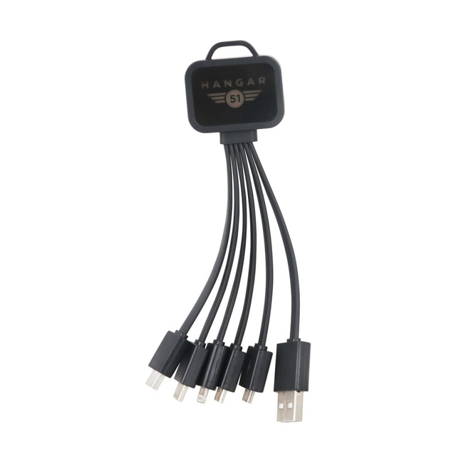 A square-shaped light-up charging cable in black with multiple connectors and a logo.