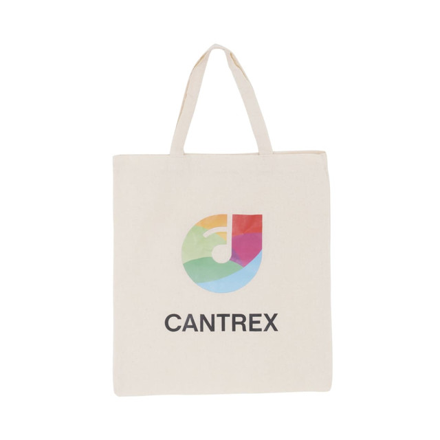 A beige calico tote bag featuring a colourful logo and a short handle.