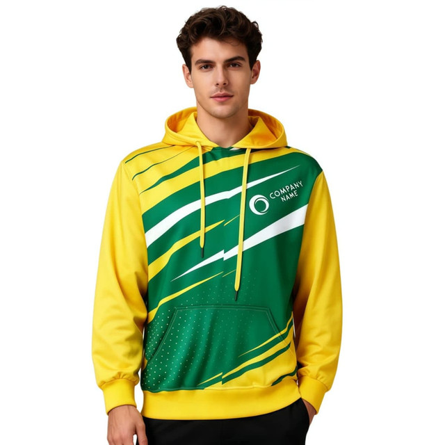 A unisex hoodie in yellow and green with a pocket and a logo, featuring a sublimated design.