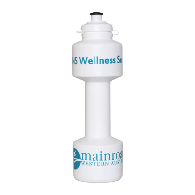 A 750ml white dumbbell-shaped drink bottle with a flip top and branding on its sides.