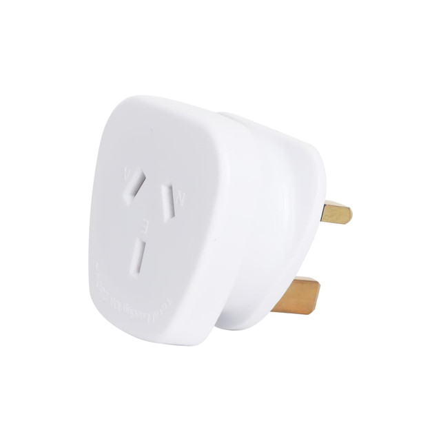 A white travel adapter with Australian and UK plug configurations, suitable for electronic devices.