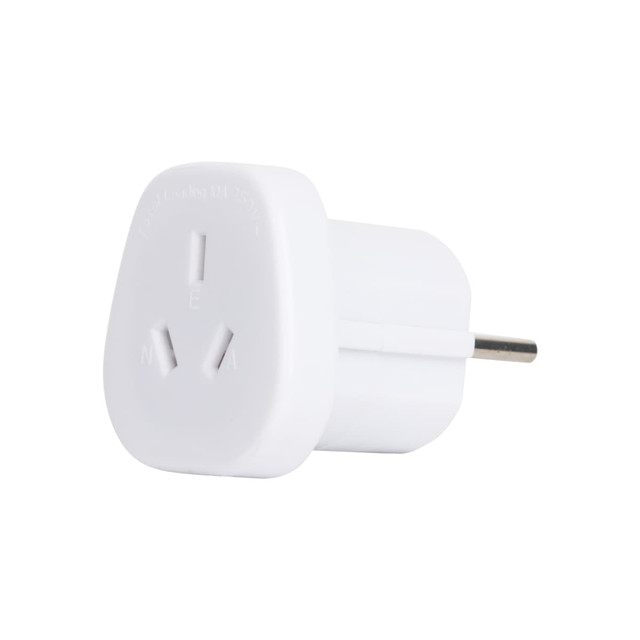 A white travel adapter designed for converting AU to EU plugs, featuring a single prong for connection.