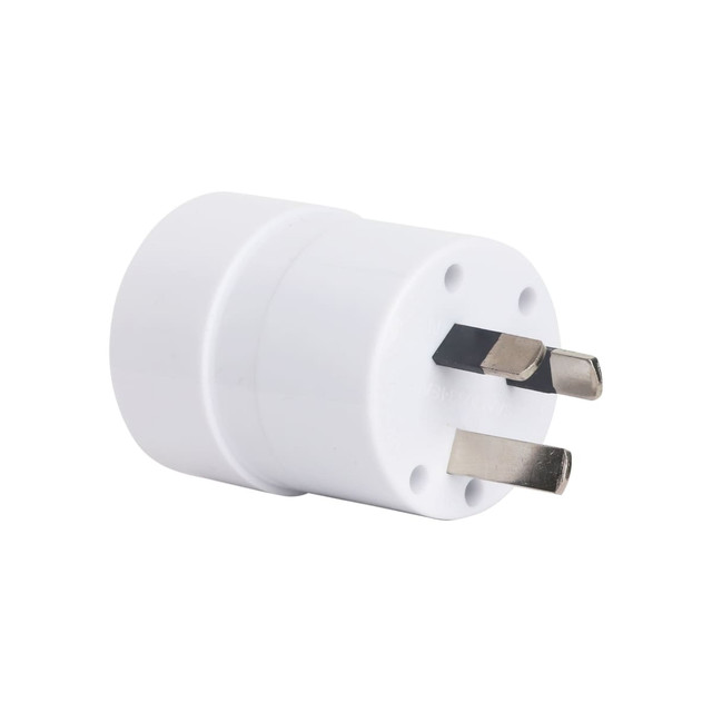 A white multifunctional travel adapter with three metal prongs, suitable for various plug types.