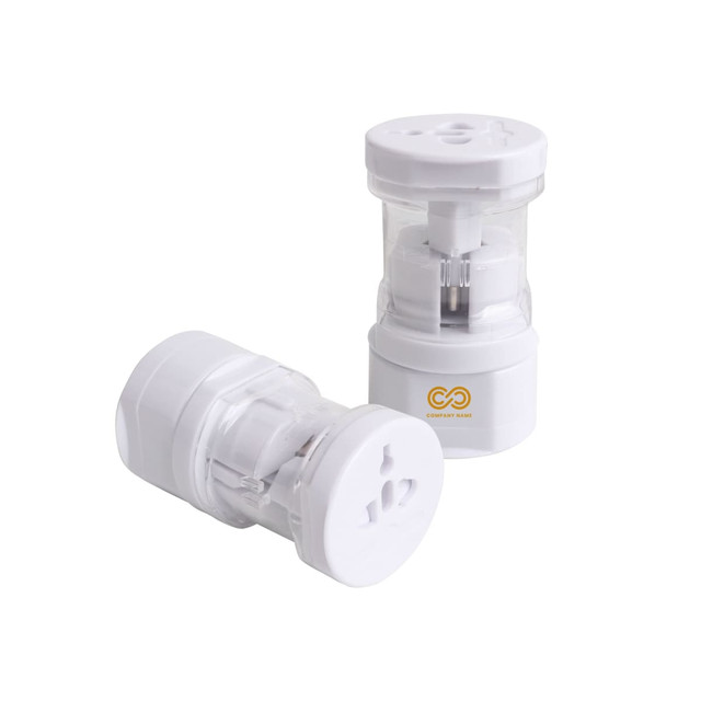 A white universal plug travel adapter, featuring a transparent design, with two adapters positioned beside each other.