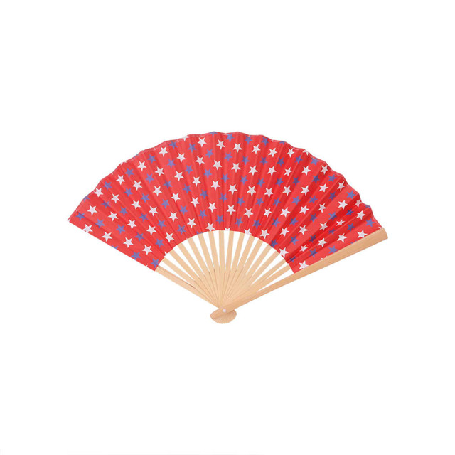 A foldable fan with a red background decorated with white stars and a wooden handle, featuring a logo.