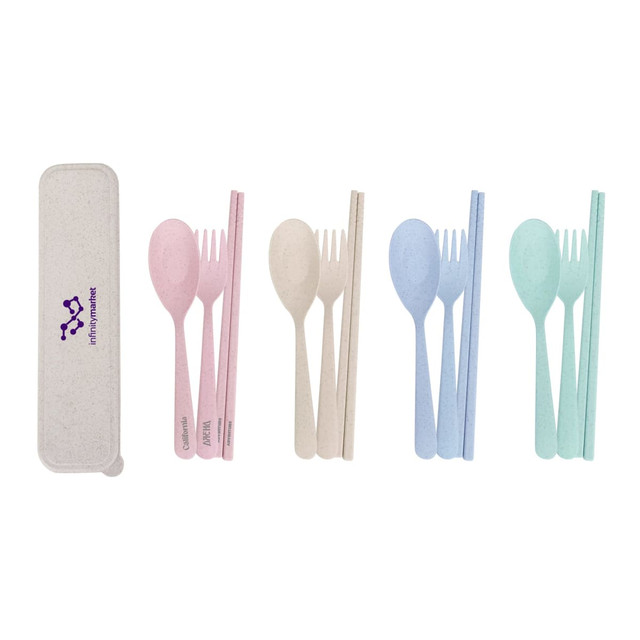 A portable utensils set with three pieces: cutlery in pink, white, and light blue, stored in a cream case with a logo.