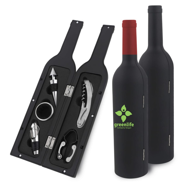A drink bottle shaped set in black with a red top, containing a corkscrew, pourer, and stopper. Includes a logo.